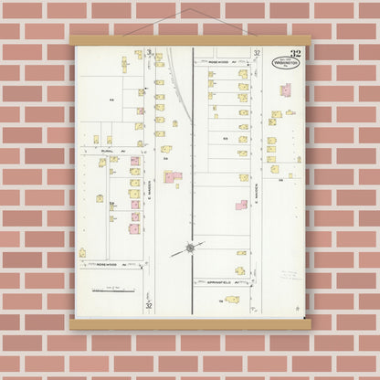Old map wall art mockup — magnetic wood frame on brick wall — Sanborn Fire Insurance Map from Washington, Washington County, Pennsylvania (1909), Sheet #0032