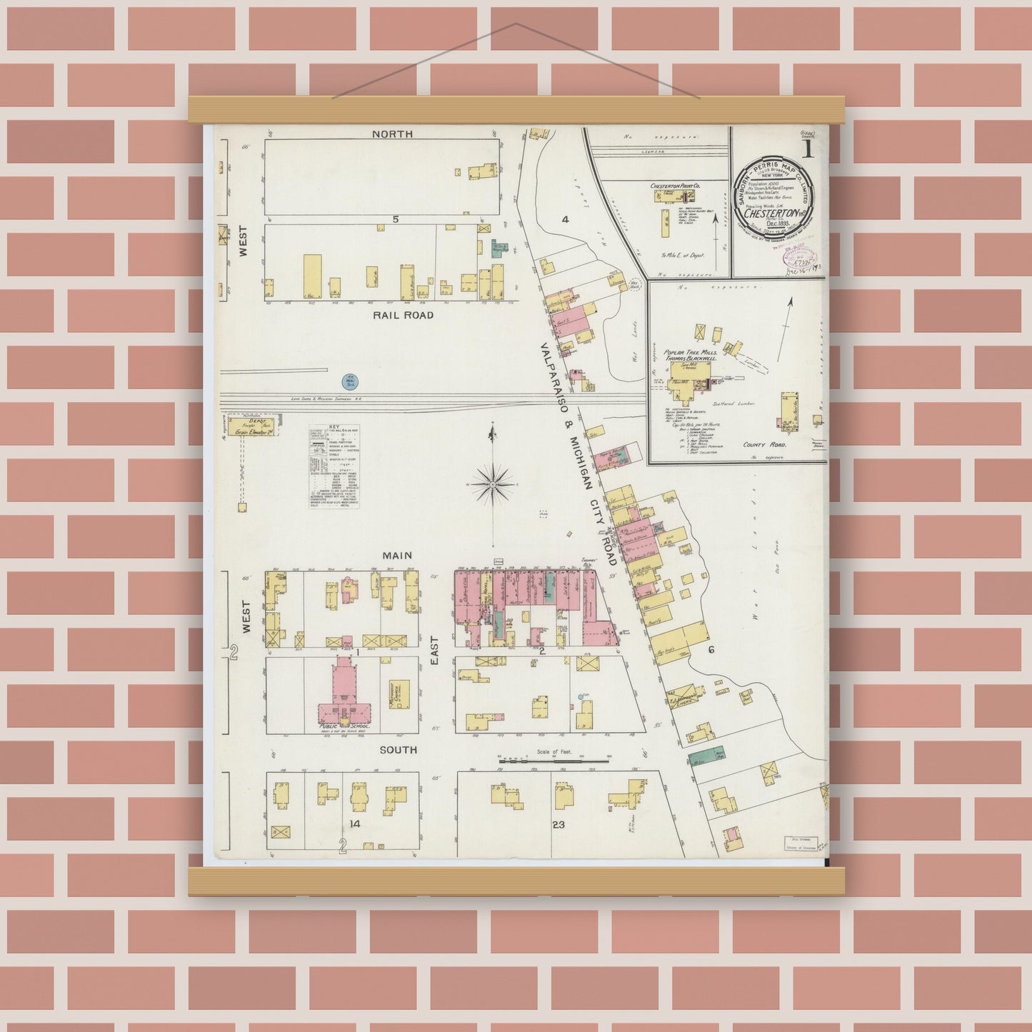 Old map wall art mockup — magnetic wood frame on brick wall — Sanborn Fire Insurance Map from Chesterton, Porter County, Indiana (1893) - Complete Map Set