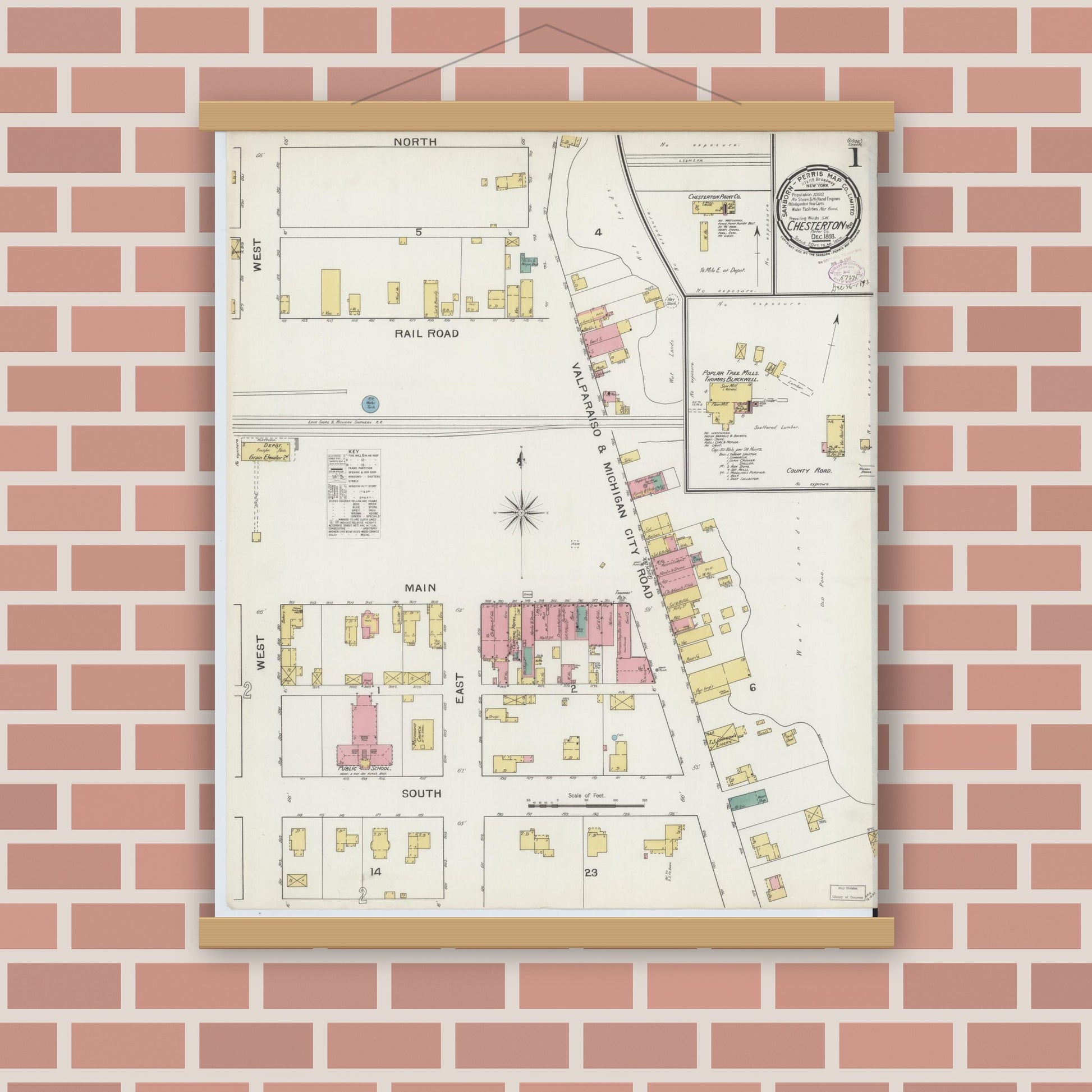 Old map wall art mockup — magnetic wood frame on brick wall — Sanborn Fire Insurance Map from Chesterton, Porter County, Indiana (1893) - Complete Map Set