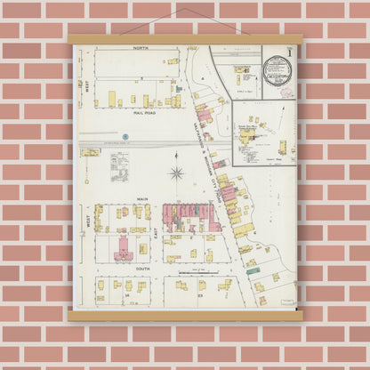 Old map wall art mockup — magnetic wood frame on brick wall — Sanborn Fire Insurance Map from Chesterton, Porter County, Indiana (1893) - Complete Map Set