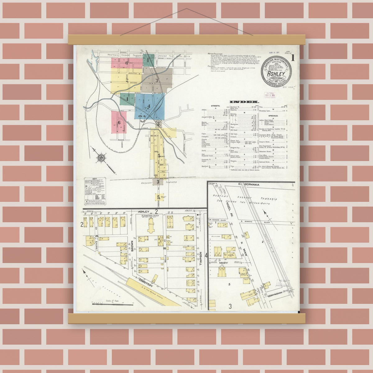 Old map wall art mockup — magnetic wood frame on brick wall — Sanborn Fire Insurance Map from Ashley, Luzerne County, Pennsylvania (1911) - Complete Map Set