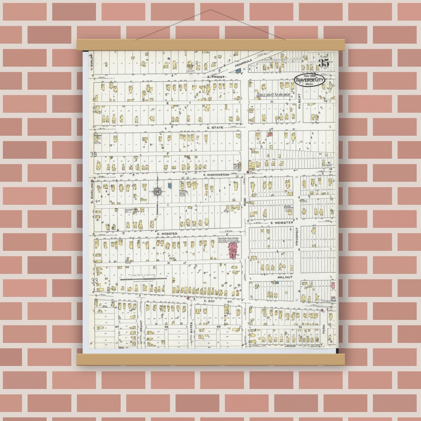 Old map wall art mockup — magnetic wood frame on brick wall — Sanborn Fire Insurance Map from Traverse City, Grand Traverse County, Michigan (1920), Sheet #0035
