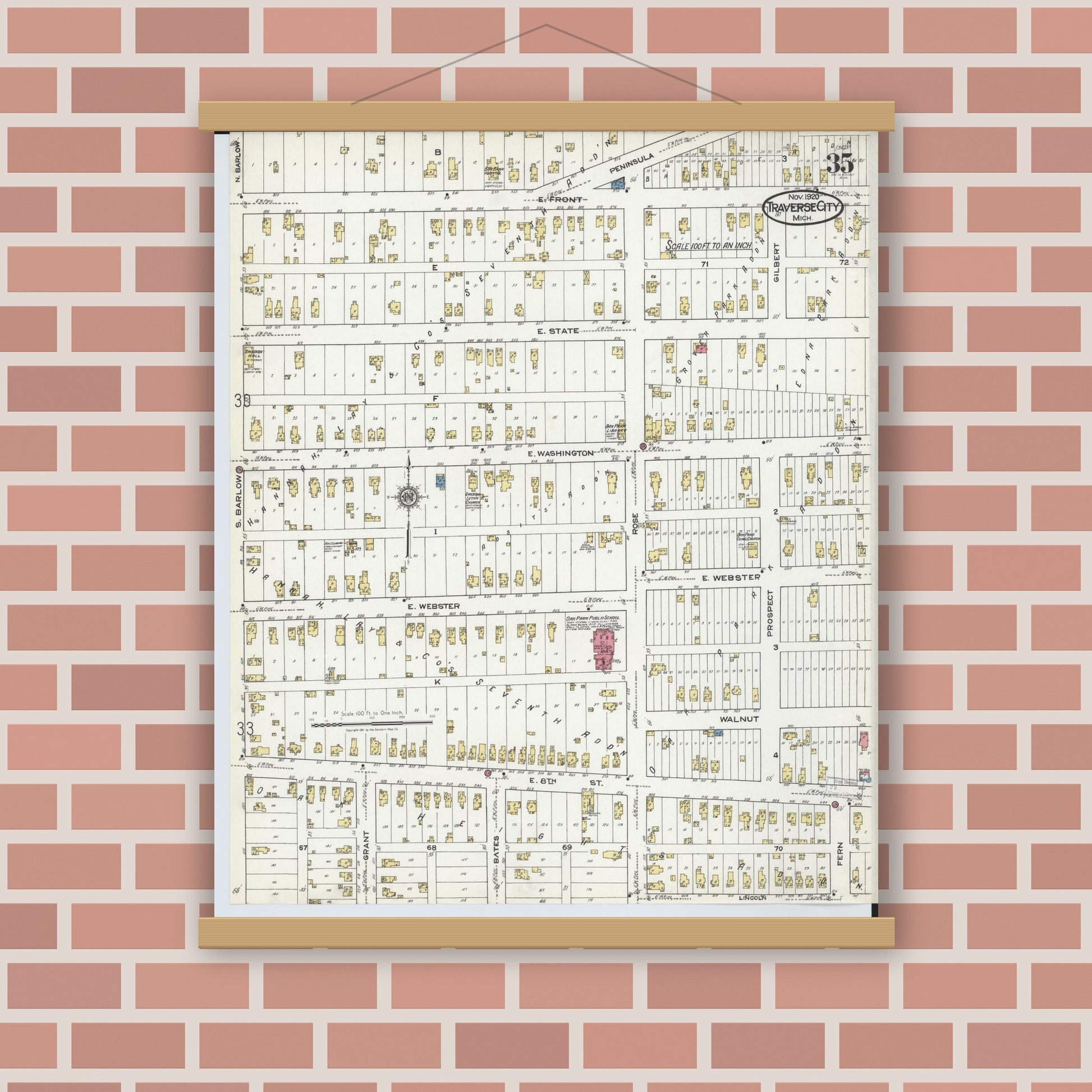 Old map wall art mockup — magnetic wood frame on brick wall — Sanborn Fire Insurance Map from Traverse City, Grand Traverse County, Michigan (1920), Sheet #0035