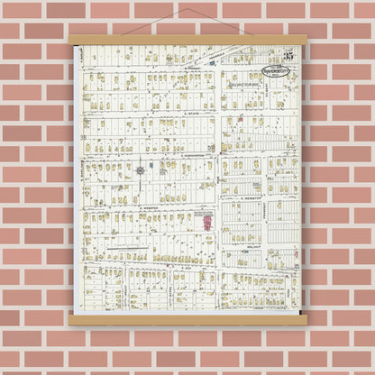 Old map wall art mockup — magnetic wood frame on brick wall — Sanborn Fire Insurance Map from Traverse City, Grand Traverse County, Michigan (1920), Sheet #0035