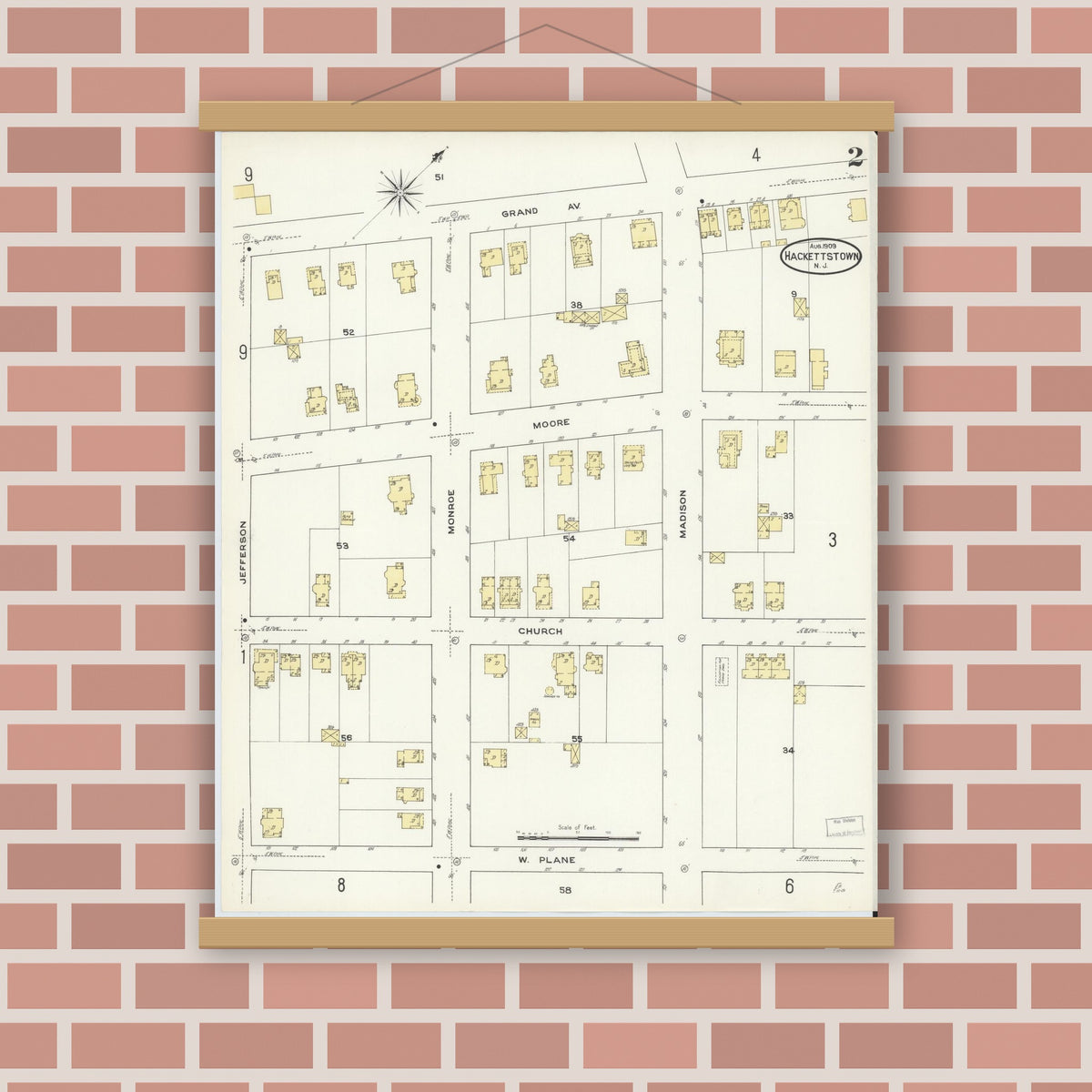 Old map wall art mockup — magnetic wood frame on brick wall — Sanborn Fire Insurance Map from Hackettstown, Warren County, New Jersey (1909), Sheet #0002