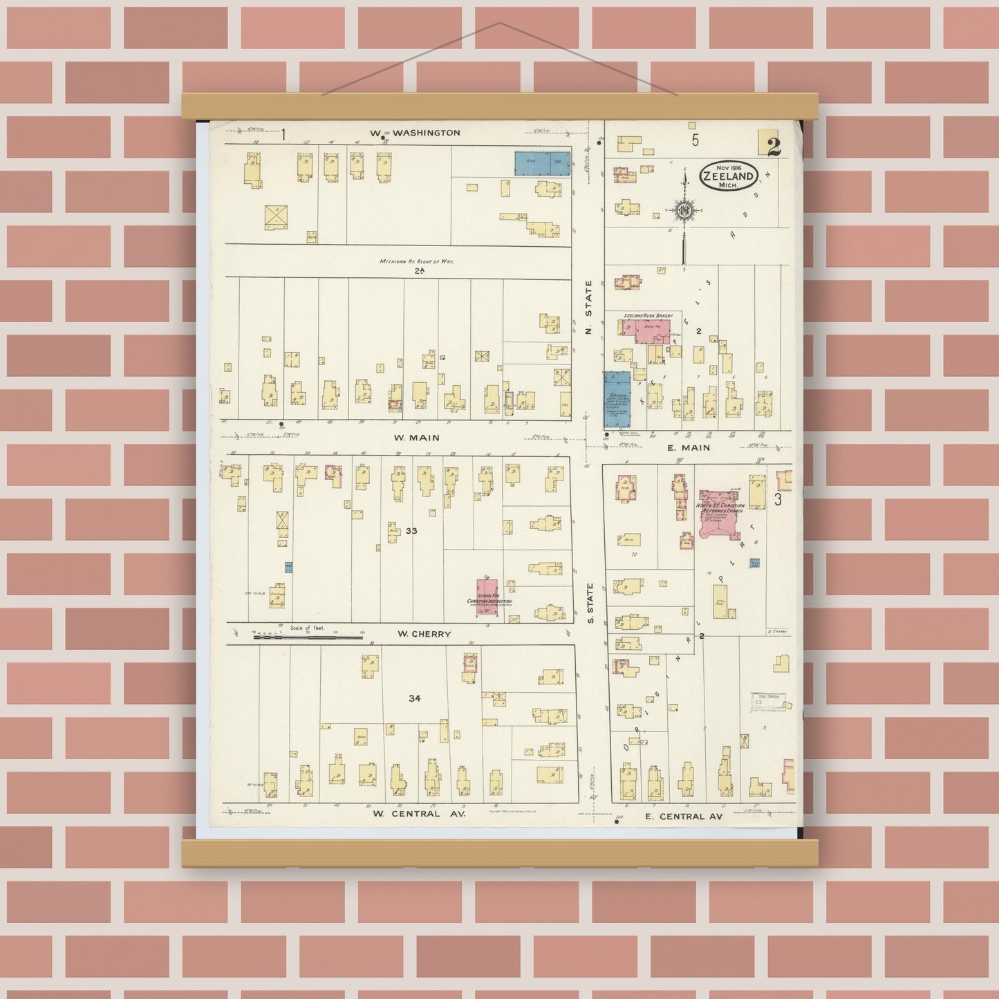 Old map wall art mockup — magnetic wood frame on brick wall — Sanborn Fire Insurance Map from Zeeland, Ottawa County, Michigan (1916), Sheet #0002