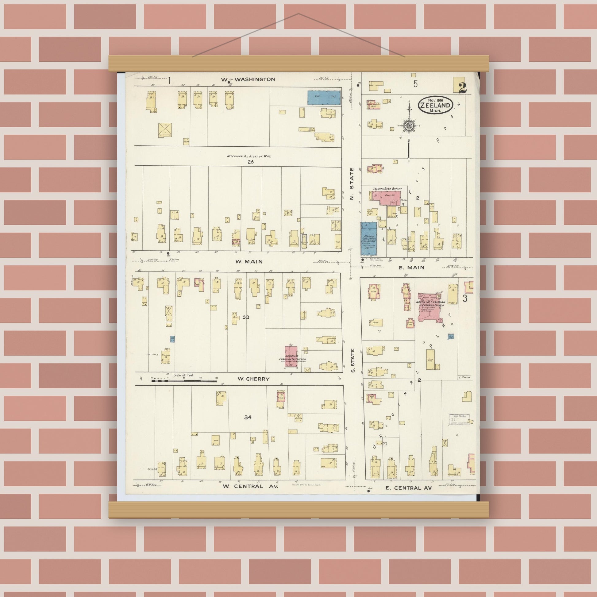 Old map wall art mockup — magnetic wood frame on brick wall — Sanborn Fire Insurance Map from Zeeland, Ottawa County, Michigan (1916), Sheet #0002