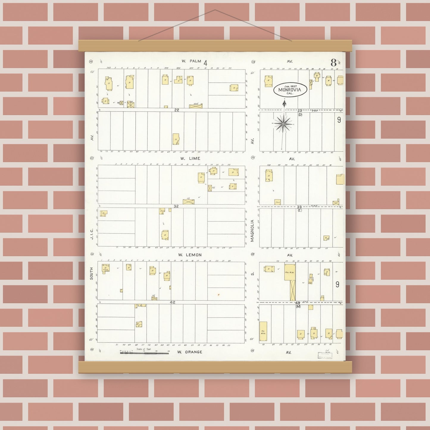 Old map wall art mockup — magnetic wood frame on brick wall — Sanborn Fire Insurance Map from Monrovia, Los Angeles County, California (1907), Sheet #0008