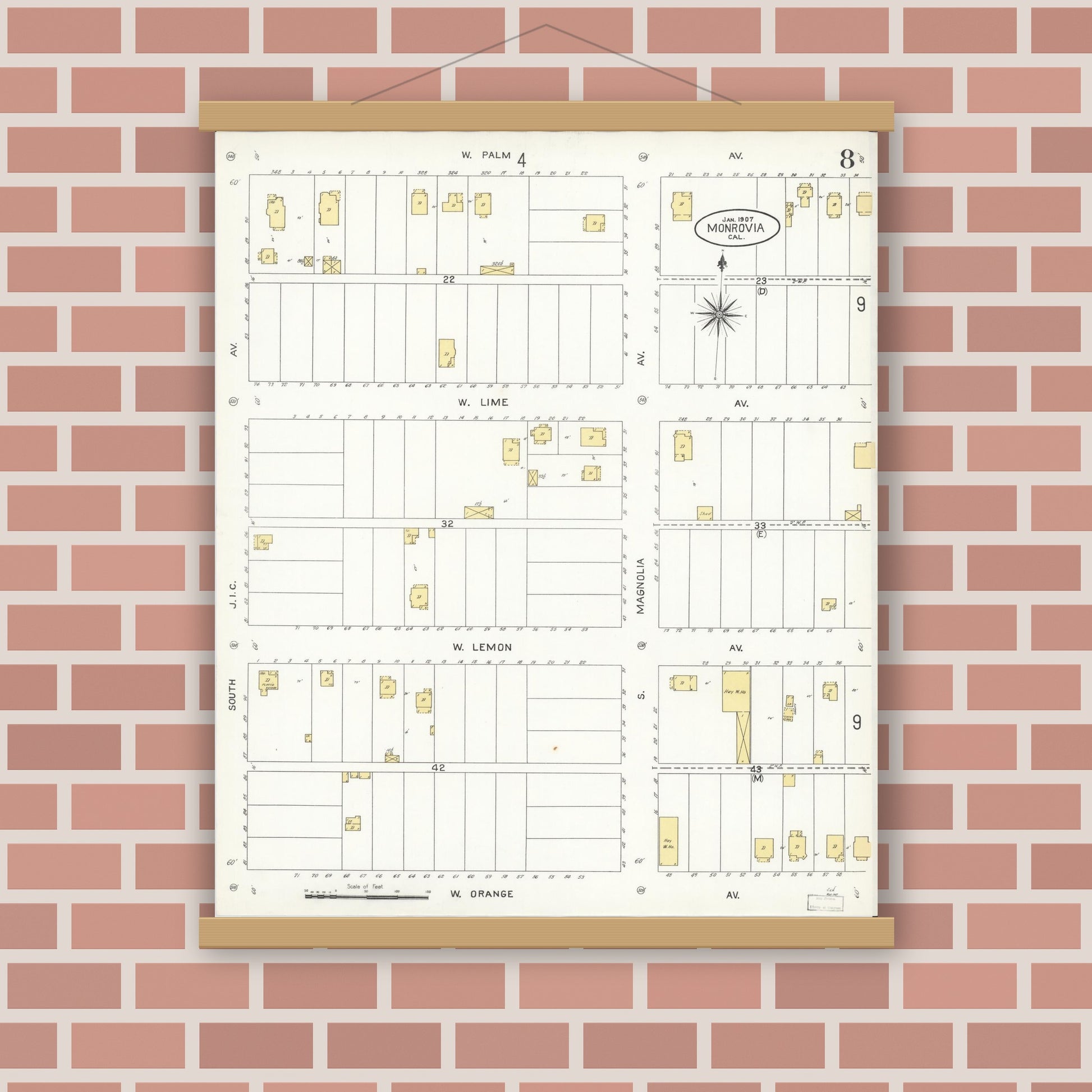 Old map wall art mockup — magnetic wood frame on brick wall — Sanborn Fire Insurance Map from Monrovia, Los Angeles County, California (1907), Sheet #0008