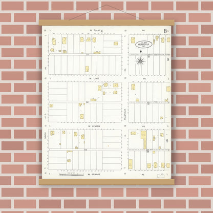 Old map wall art mockup — magnetic wood frame on brick wall — Sanborn Fire Insurance Map from Monrovia, Los Angeles County, California (1907), Sheet #0008