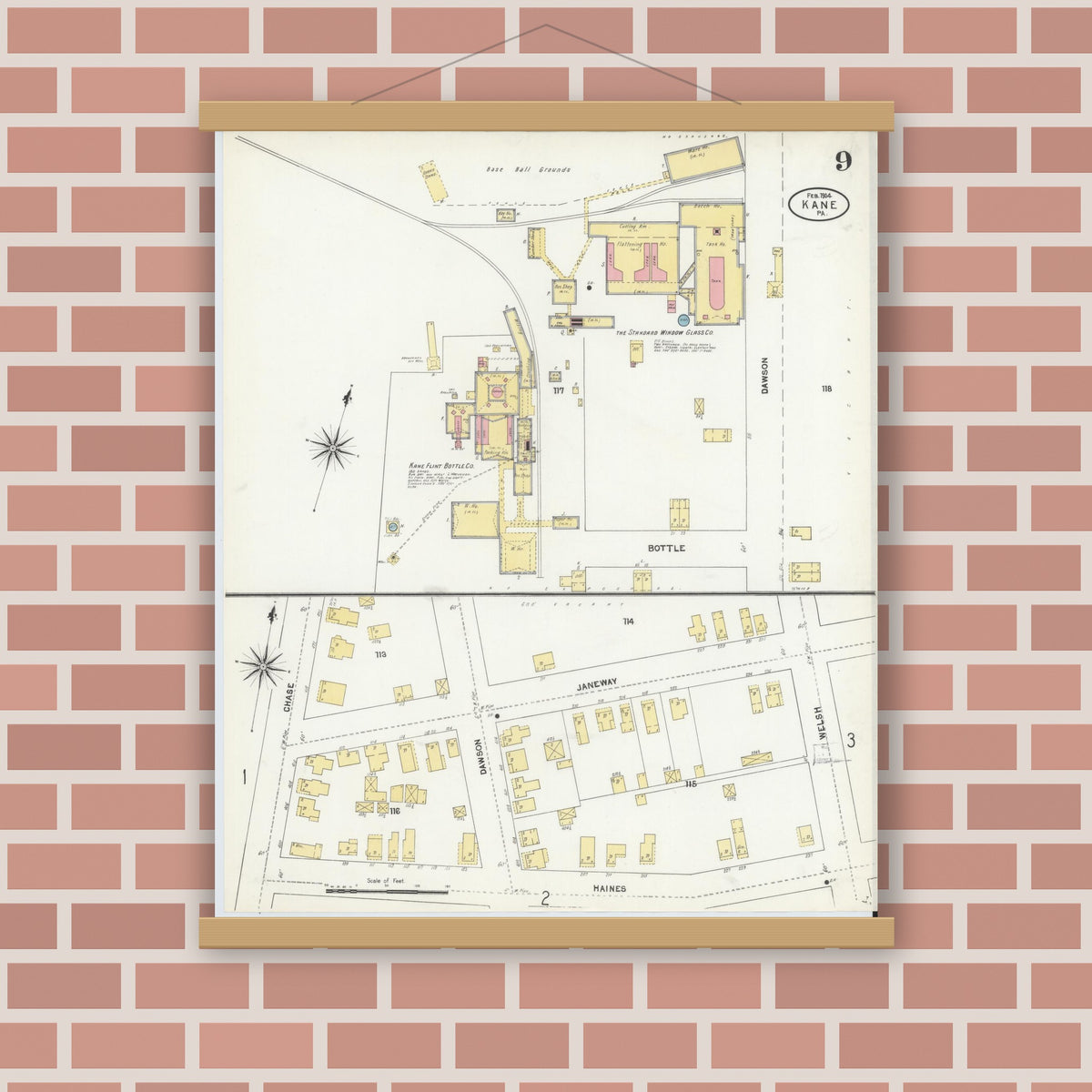 Old map wall art mockup — magnetic wood frame on brick wall — Sanborn Fire Insurance Map from Kane, McKean County, Pennsylvania (1904), Sheet #0009