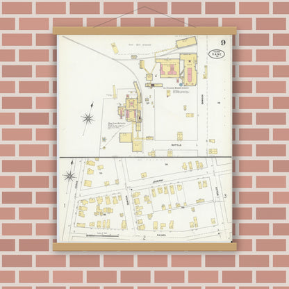 Old map wall art mockup — magnetic wood frame on brick wall — Sanborn Fire Insurance Map from Kane, McKean County, Pennsylvania (1904), Sheet #0009