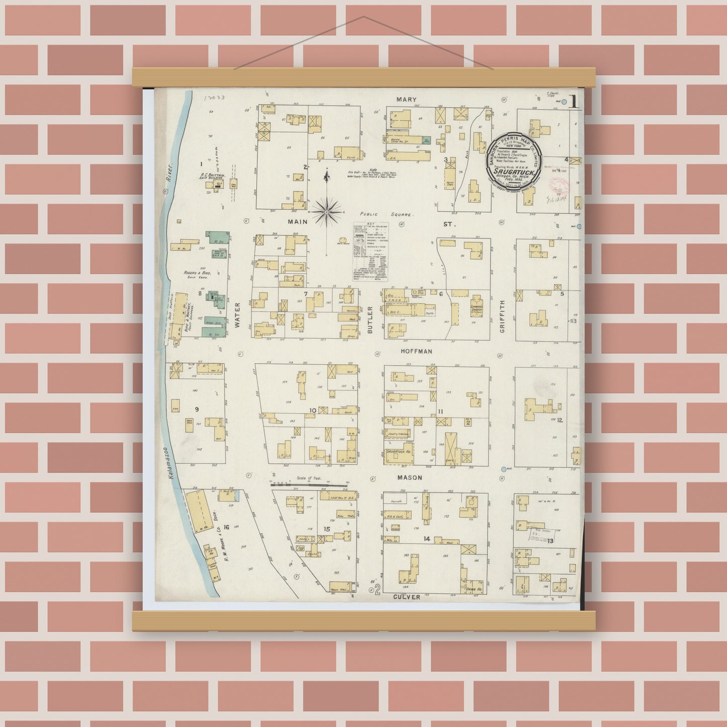 Old map wall art mockup — magnetic wood frame on brick wall — Sanborn Fire Insurance Map from Saugatuck, Allegan County, Michigan (1895) - Complete Map Set