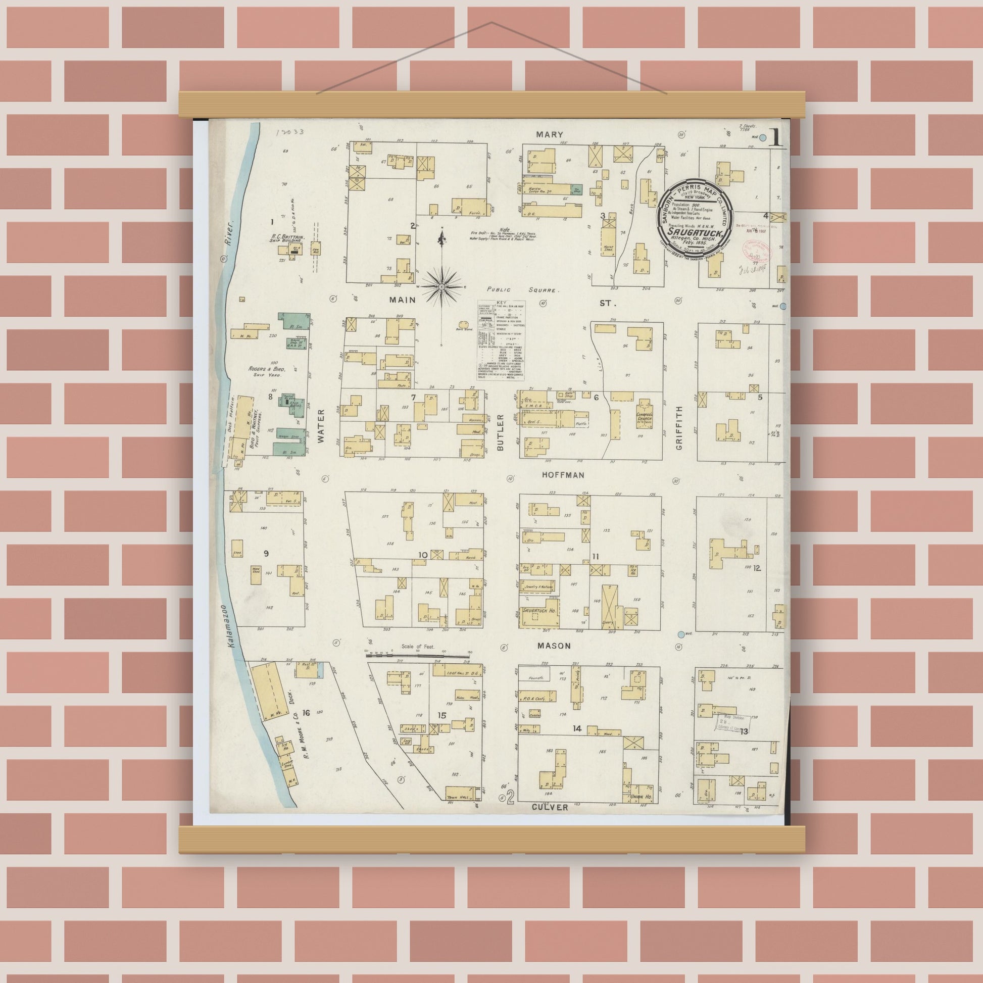 Old map wall art mockup — magnetic wood frame on brick wall — Sanborn Fire Insurance Map from Saugatuck, Allegan County, Michigan (1895) - Complete Map Set