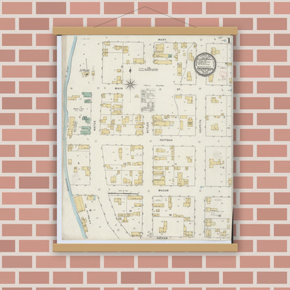 Old map wall art mockup — magnetic wood frame on brick wall — Sanborn Fire Insurance Map from Saugatuck, Allegan County, Michigan (1895) - Complete Map Set