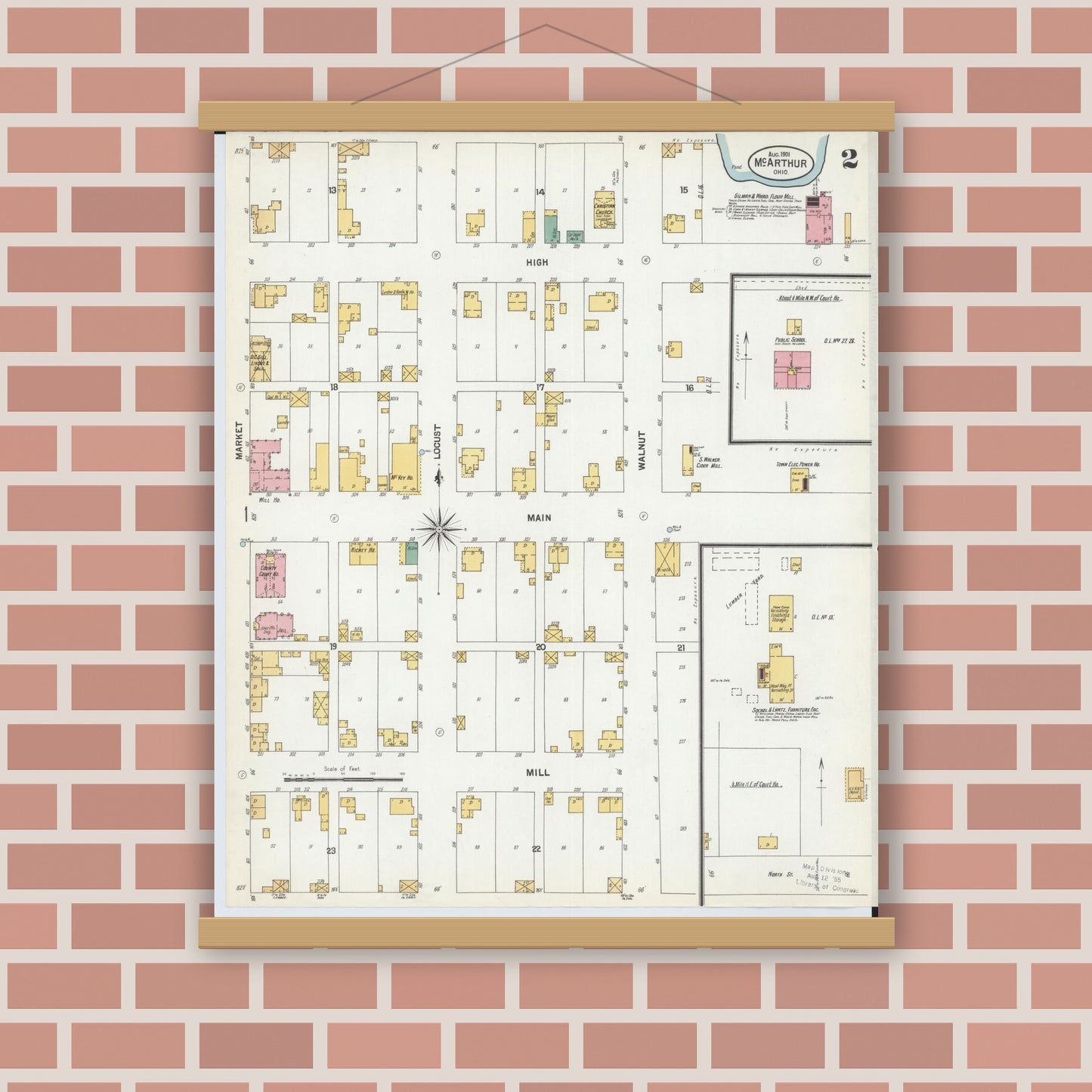 Old map wall art mockup — magnetic wood frame on brick wall — Sanborn Fire Insurance Map from McArthur, Vinton County, Ohio (1901), Sheet #0002