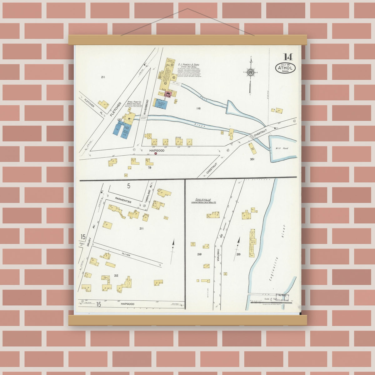 Old map wall art mockup — magnetic wood frame on brick wall — Sanborn Fire Insurance Map from Athol, Worcester County, Massachusetts (1917), Sheet #0014
