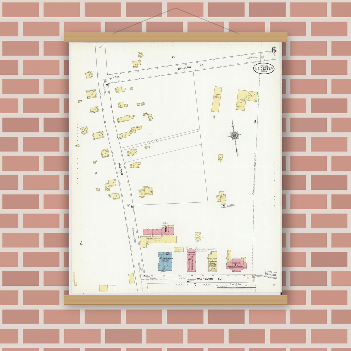 Old map wall art mockup — magnetic wood frame on brick wall — Sanborn Fire Insurance Map from Leicester, Worcester County, Massachusetts (1910), Sheet #0006