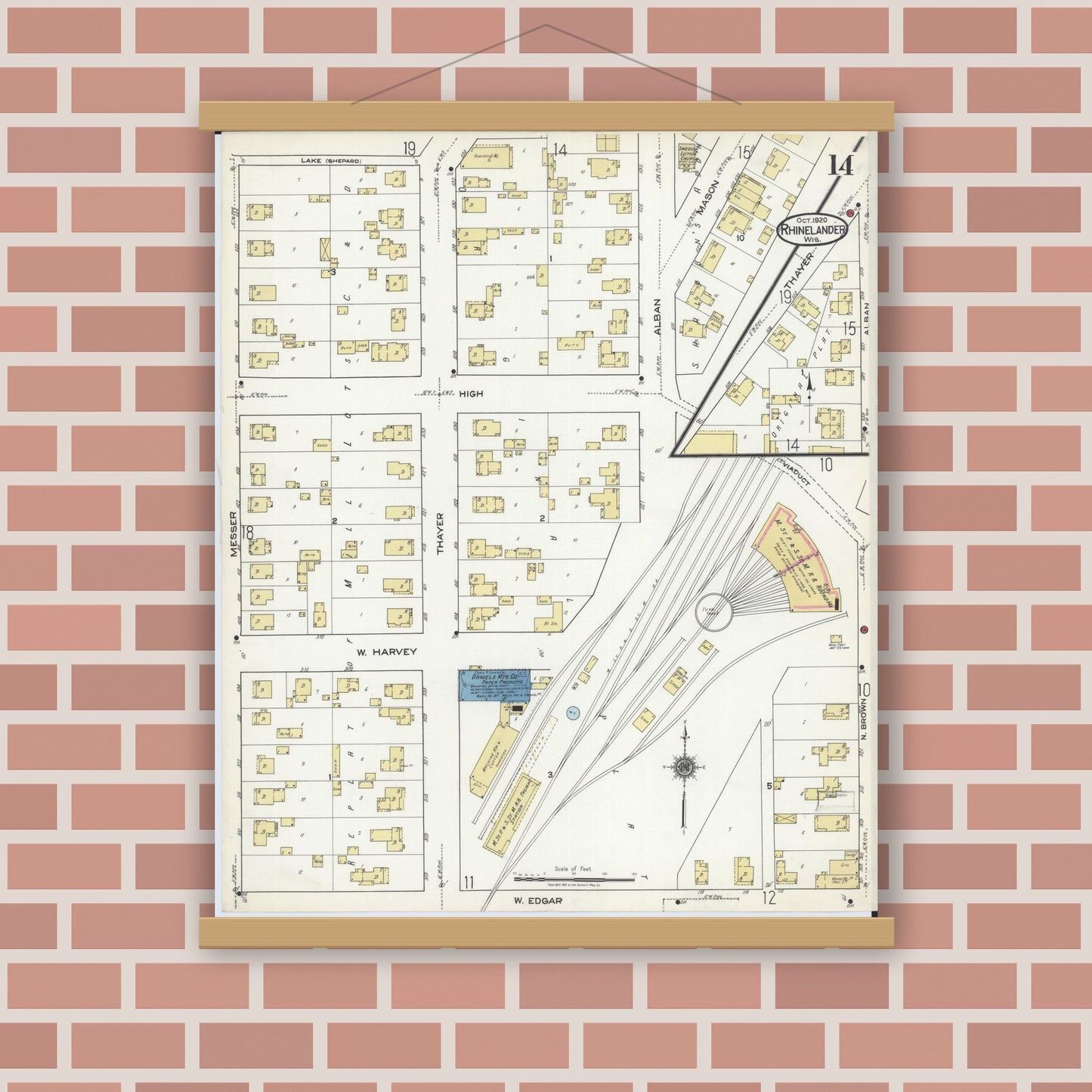Old map wall art mockup — magnetic wood frame on brick wall — Sanborn Fire Insurance Map from Rhinelander, Oneida County, Wisconsin (1920), Sheet #0014