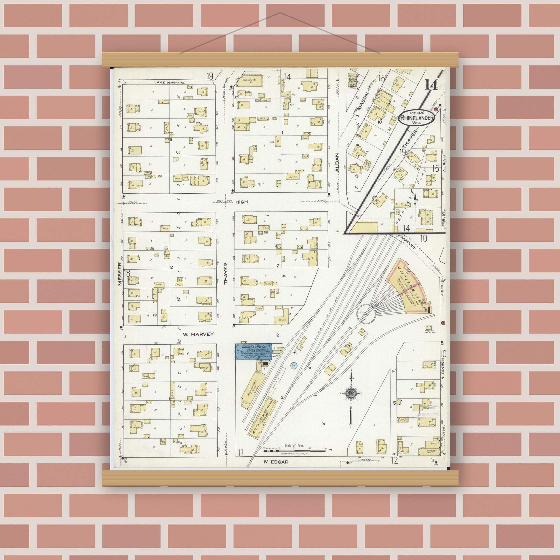 Old map wall art mockup — magnetic wood frame on brick wall — Sanborn Fire Insurance Map from Rhinelander, Oneida County, Wisconsin (1920), Sheet #0014