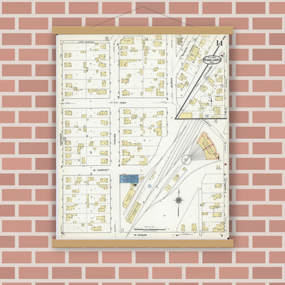 Old map wall art mockup — magnetic wood frame on brick wall — Sanborn Fire Insurance Map from Rhinelander, Oneida County, Wisconsin (1920), Sheet #0014