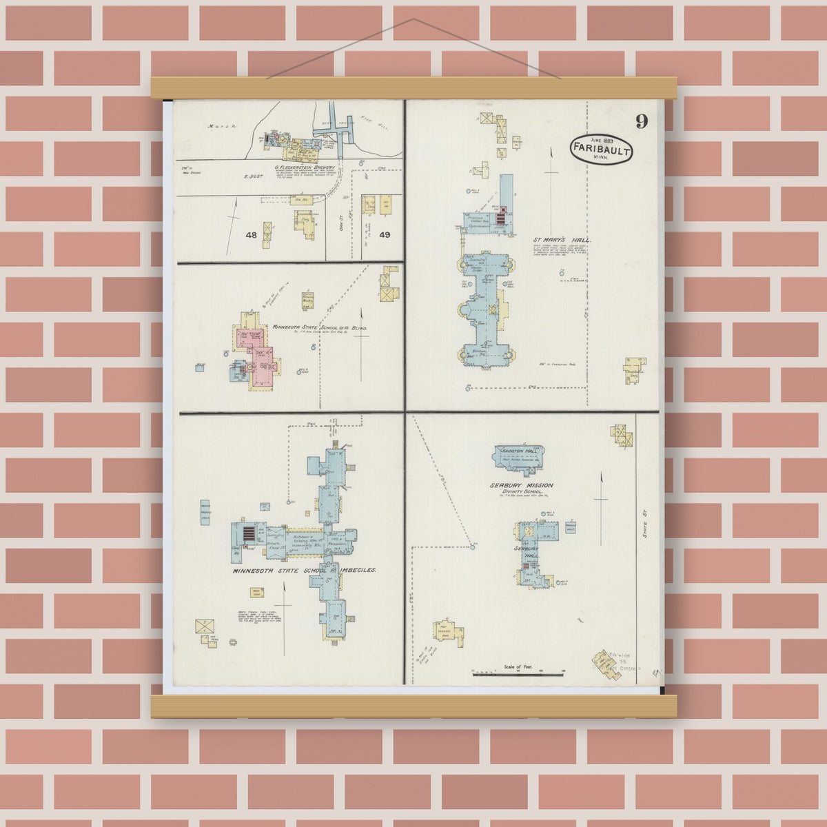 Old map wall art mockup — magnetic wood frame on brick wall — Sanborn Fire Insurance Map from Faribault, Rice County, Minnesota (1889), Sheet #0009