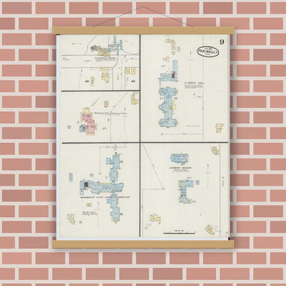 Old map wall art mockup — magnetic wood frame on brick wall — Sanborn Fire Insurance Map from Faribault, Rice County, Minnesota (1889), Sheet #0009