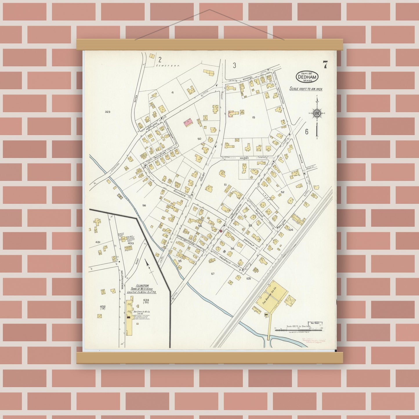 Old map wall art mockup — magnetic wood frame on brick wall — Sanborn Fire Insurance Map from Dedham, Norfolk County, Massachusetts (1917), Sheet #0007