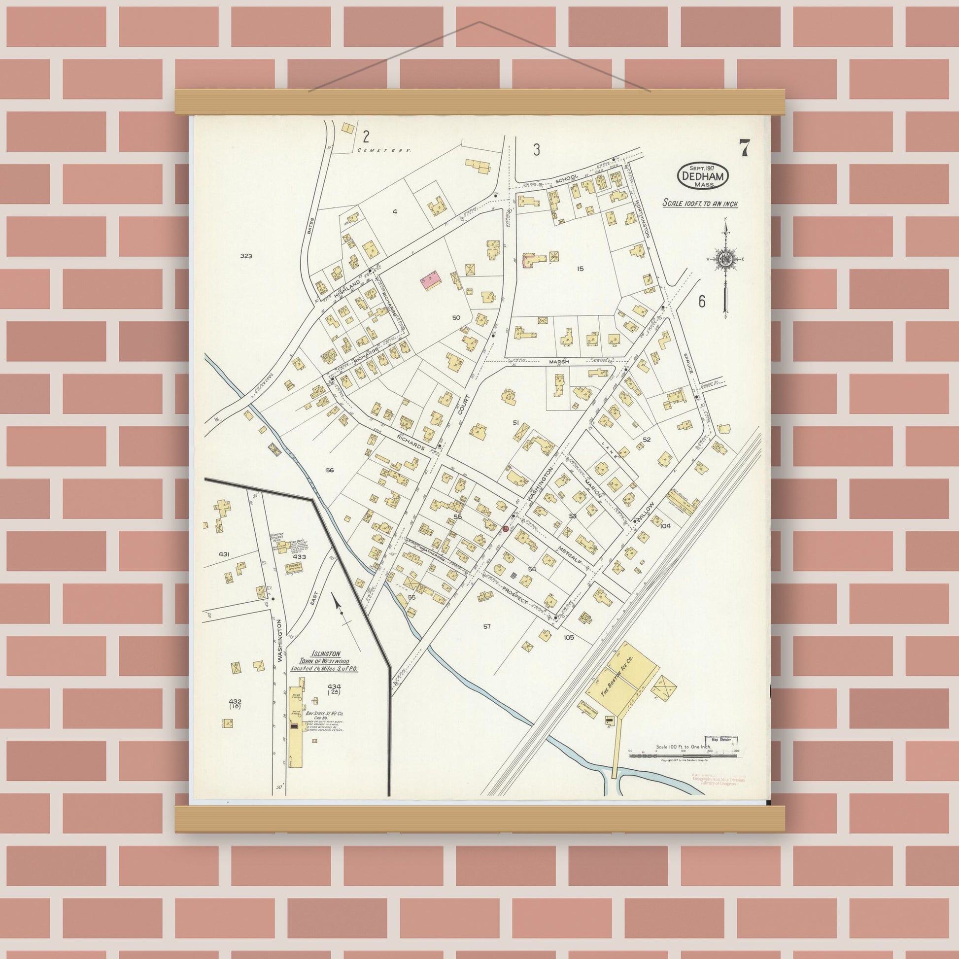 Old map wall art mockup — magnetic wood frame on brick wall — Sanborn Fire Insurance Map from Dedham, Norfolk County, Massachusetts (1917), Sheet #0007