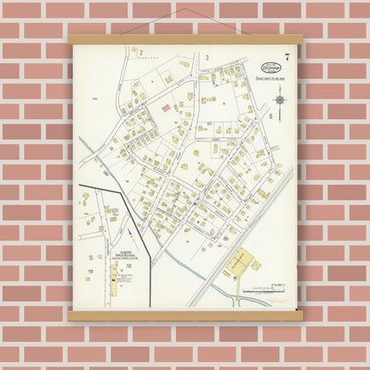 Old map wall art mockup — magnetic wood frame on brick wall — Sanborn Fire Insurance Map from Dedham, Norfolk County, Massachusetts (1917), Sheet #0007