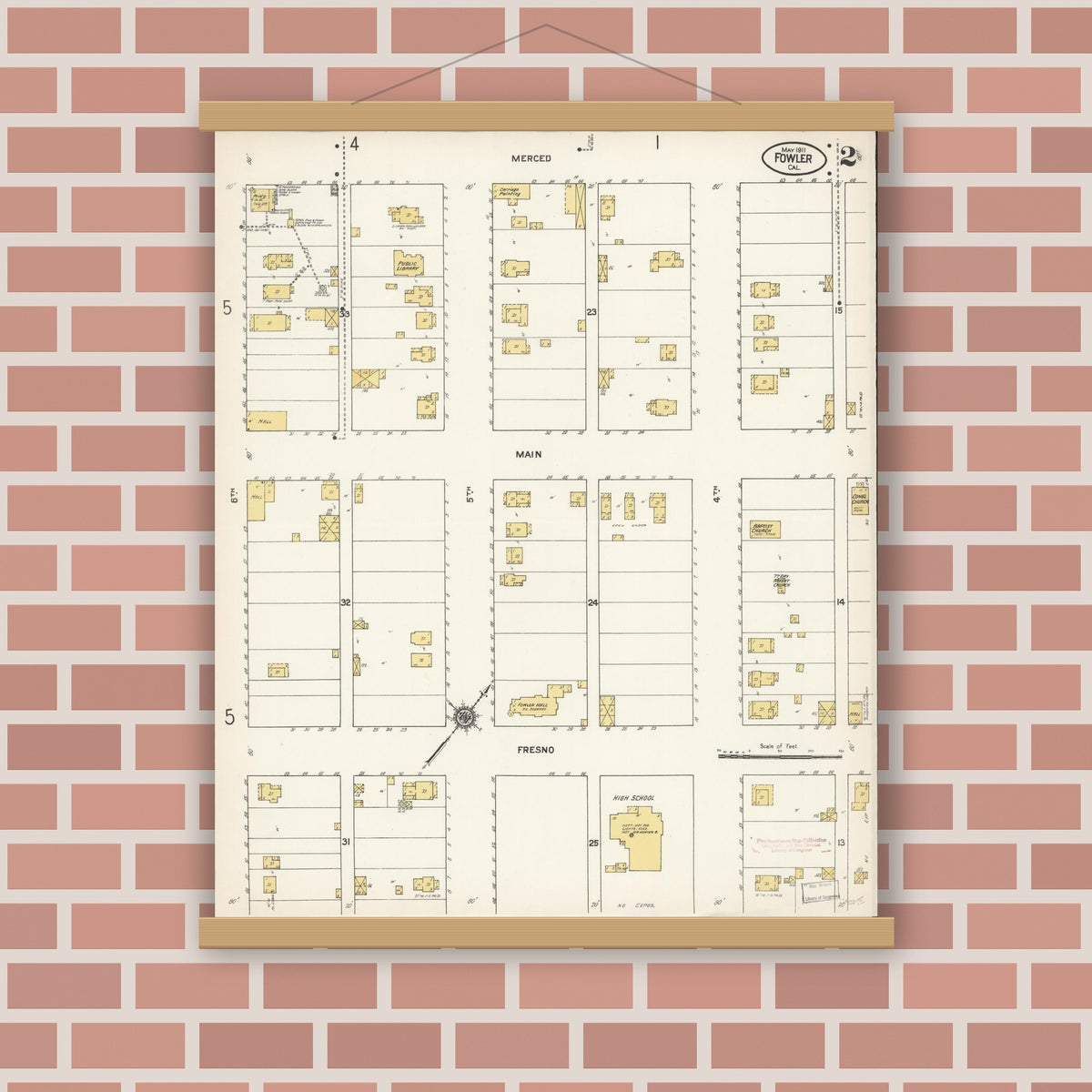 Old map wall art mockup — magnetic wood frame on brick wall — Sanborn Fire Insurance Map from Fowler, Fresno County, California (1911), Sheet #0002