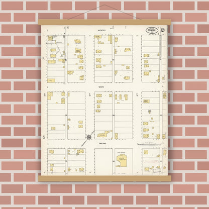 Old map wall art mockup — magnetic wood frame on brick wall — Sanborn Fire Insurance Map from Fowler, Fresno County, California (1911), Sheet #0002