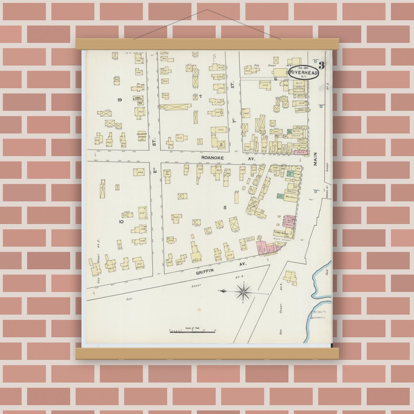 Old map wall art mockup — magnetic wood frame on brick wall — Sanborn Fire Insurance Map from Riverhead, Suffolk County, New York (1891), Sheet #0003