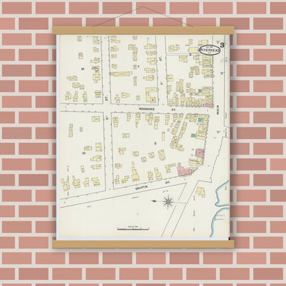 Old map wall art mockup — magnetic wood frame on brick wall — Sanborn Fire Insurance Map from Riverhead, Suffolk County, New York (1891), Sheet #0003