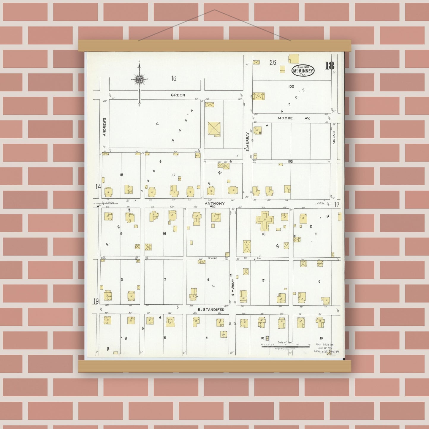 Old map wall art mockup — magnetic wood frame on brick wall — Sanborn Fire Insurance Map from McKinney, Collin County, Texas (1920), Sheet #0018