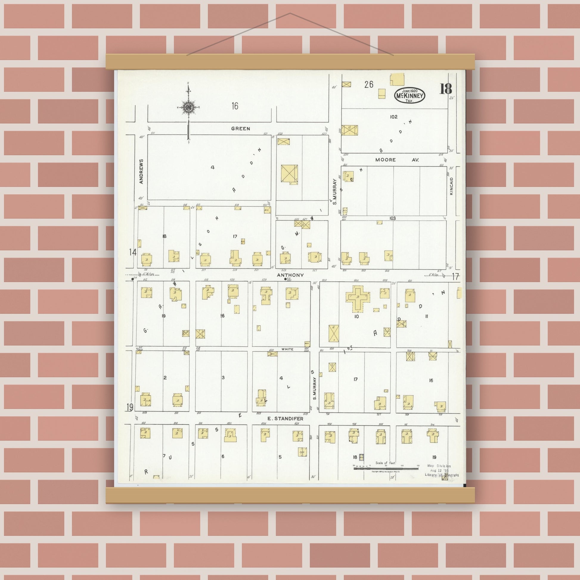 Old map wall art mockup — magnetic wood frame on brick wall — Sanborn Fire Insurance Map from McKinney, Collin County, Texas (1920), Sheet #0018