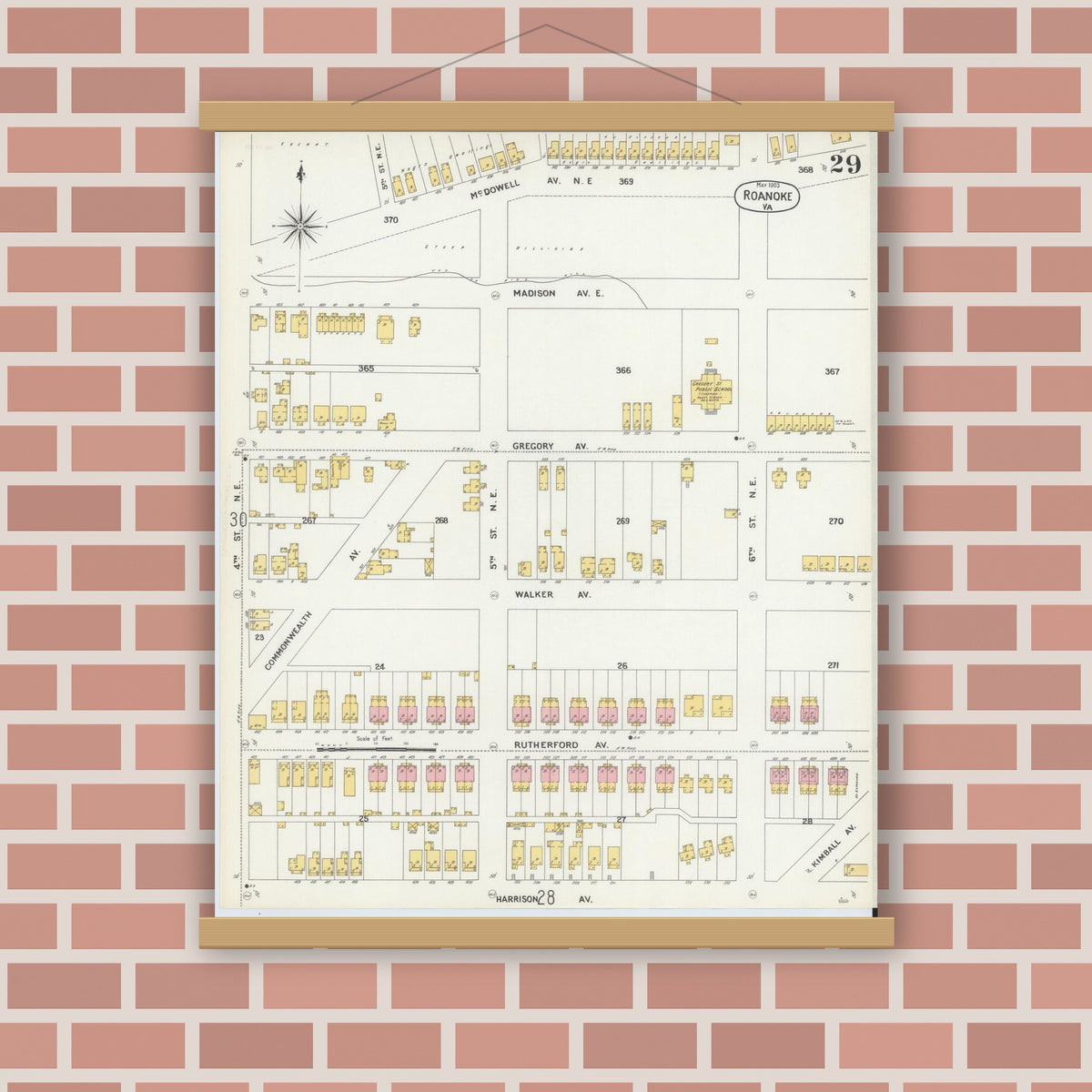 Old map wall art mockup — magnetic wood frame on brick wall — Sanborn Fire Insurance Map from Roanoke, Independent Cities, Virginia (1903), Sheet #0029