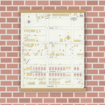 Old map wall art mockup — magnetic wood frame on brick wall — Sanborn Fire Insurance Map from Roanoke, Independent Cities, Virginia (1903), Sheet #0029