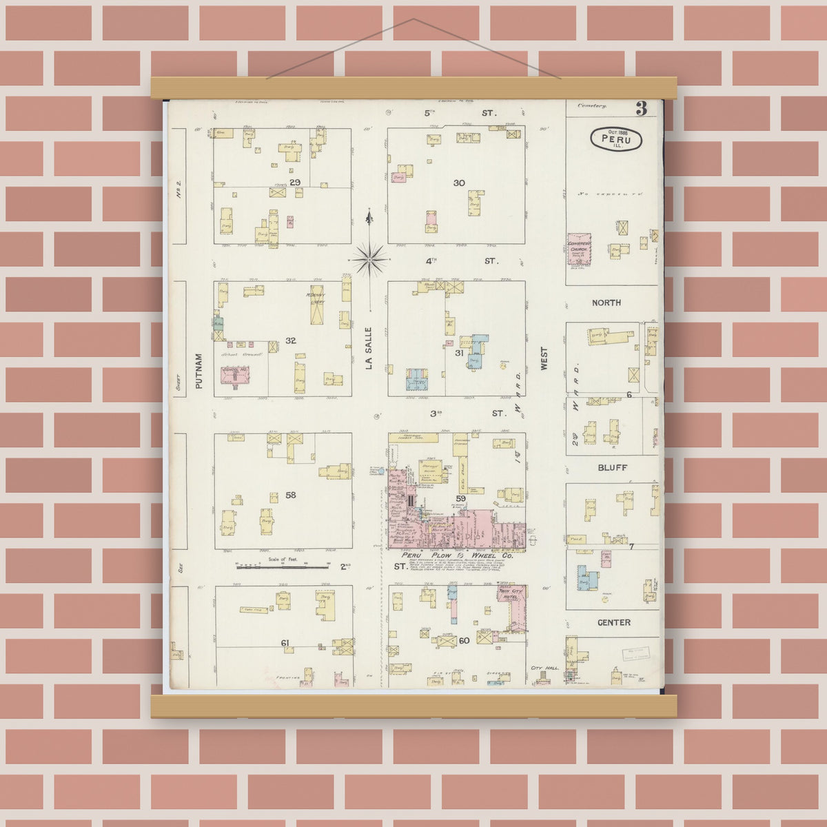 Old map wall art mockup — magnetic wood frame on brick wall — Sanborn Fire Insurance Map from Peru, La Salle County, Illinois (1888), Sheet #0003