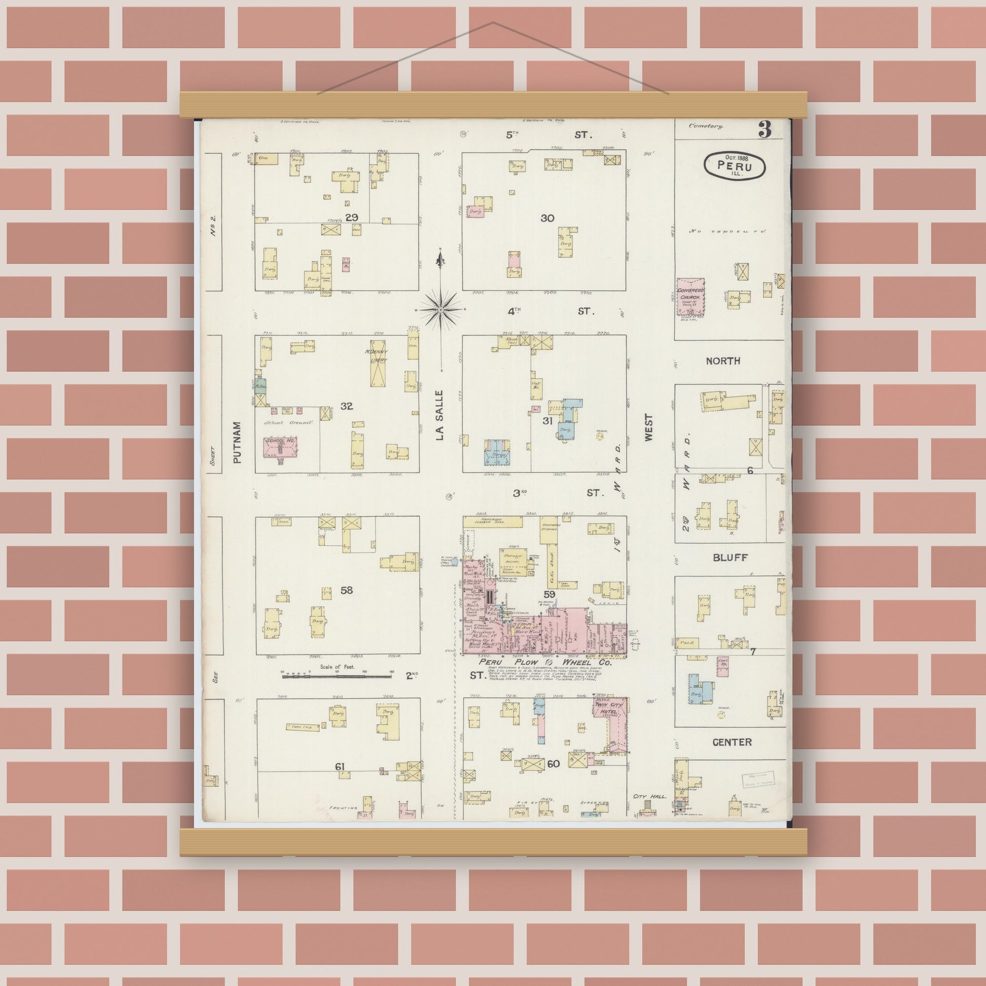 Old map wall art mockup — magnetic wood frame on brick wall — Sanborn Fire Insurance Map from Peru, La Salle County, Illinois (1888), Sheet #0003