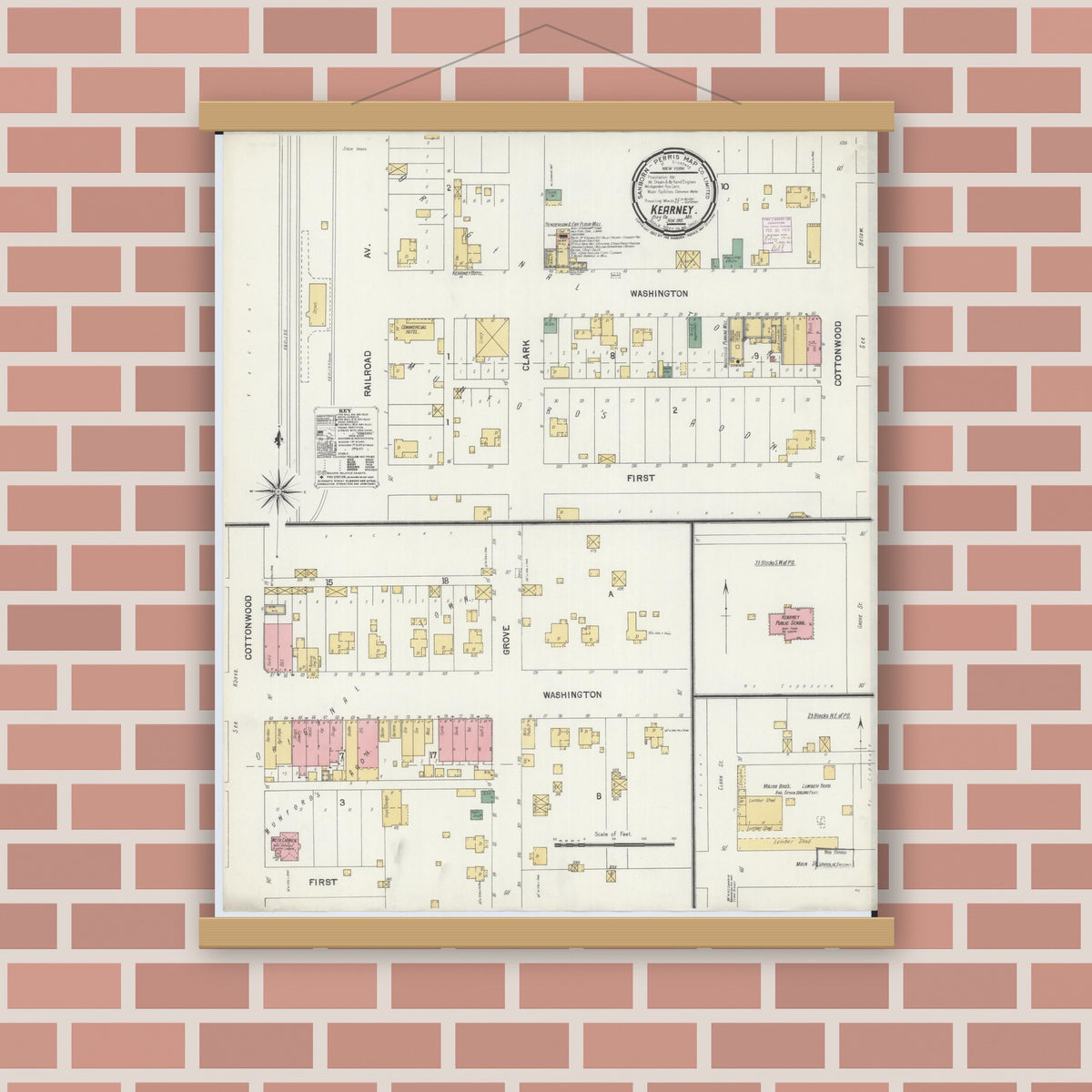 Old map wall art mockup — magnetic wood frame on brick wall — Sanborn Fire Insurance Map from Kearney, Clay County, Missouri (1901), Sheet #0001