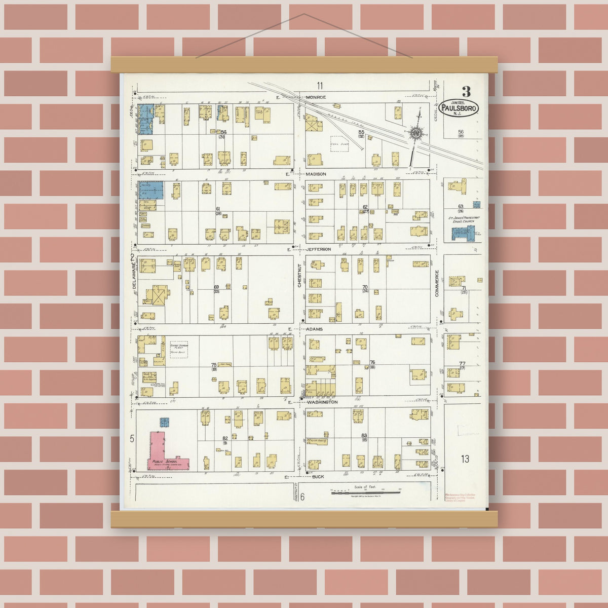 Old map wall art mockup — magnetic wood frame on brick wall — Sanborn Fire Insurance Map from Paulsboro, Gloucester County, New Jersey (1920), Sheet #0003
