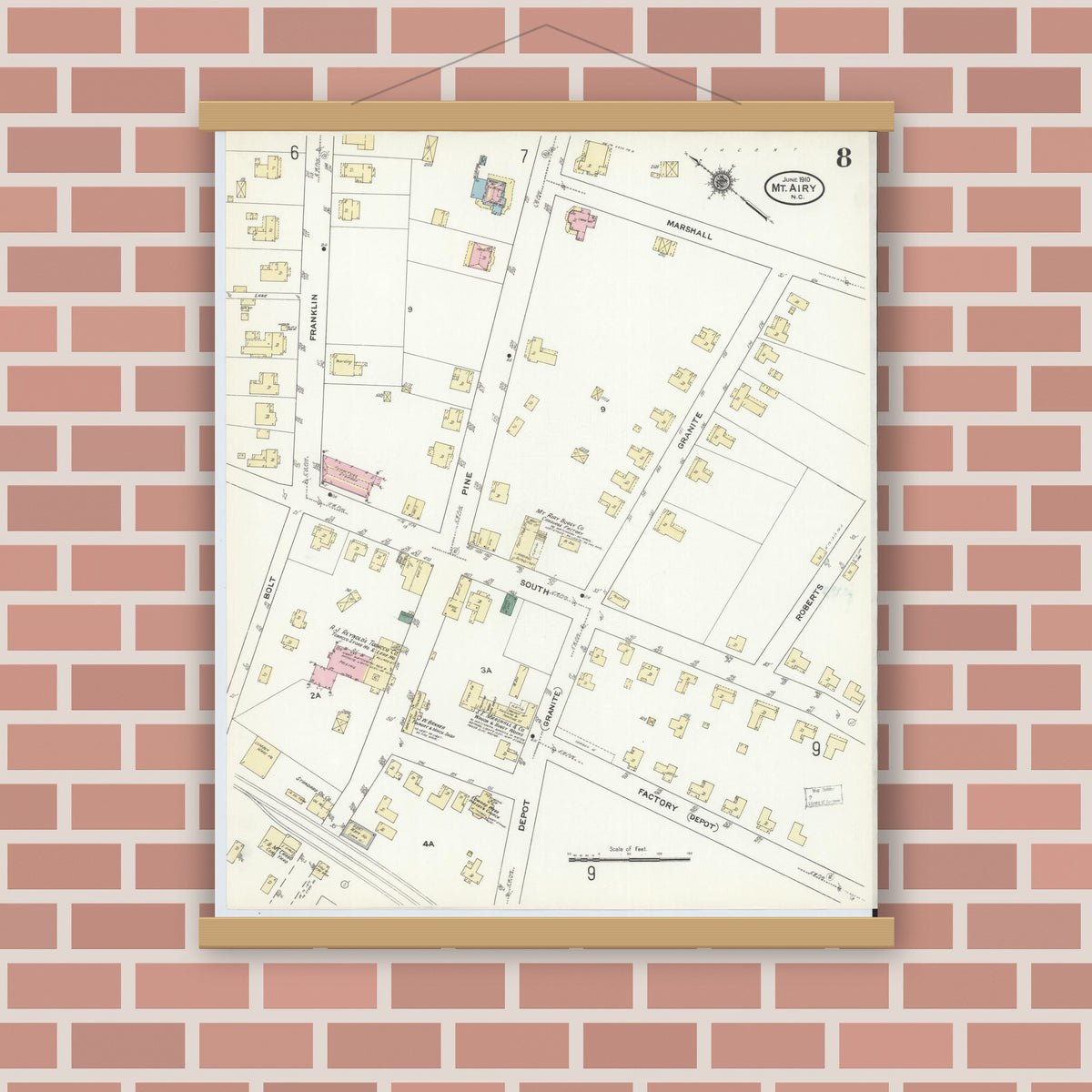 Old map wall art mockup — magnetic wood frame on brick wall — Sanborn Fire Insurance Map from Mount Airy, Surry County, North Carolina (1910), Sheet #0008