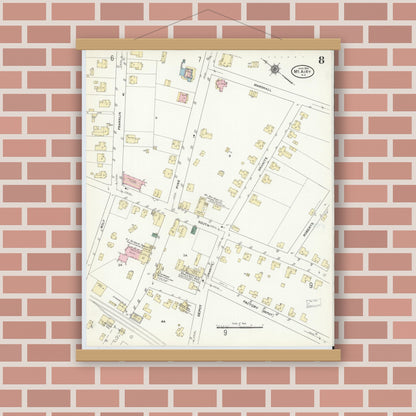 Old map wall art mockup — magnetic wood frame on brick wall — Sanborn Fire Insurance Map from Mount Airy, Surry County, North Carolina (1910), Sheet #0008