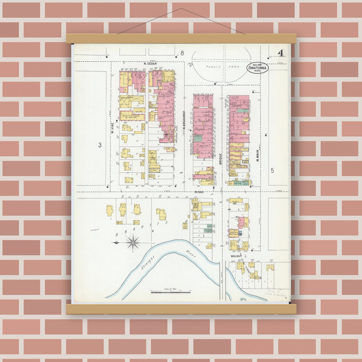 Old map wall art mockup — magnetic wood frame on brick wall — Sanborn Fire Insurance Map from Owatonna, Steele County, Minnesota (1900), Sheet #0004