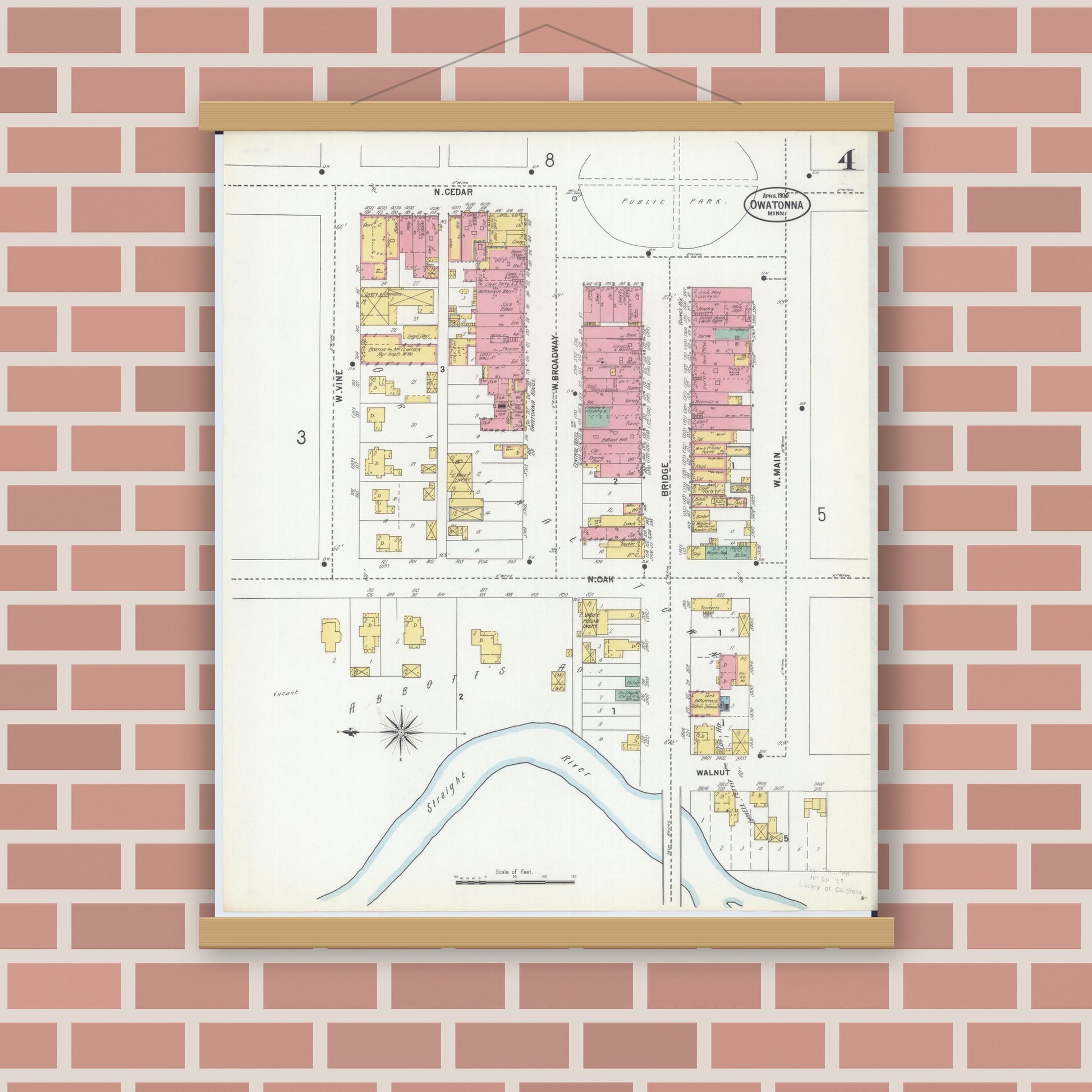 Old map wall art mockup — magnetic wood frame on brick wall — Sanborn Fire Insurance Map from Owatonna, Steele County, Minnesota (1900), Sheet #0004