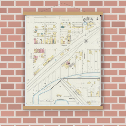 Old map wall art mockup — magnetic wood frame on brick wall — Sanborn Fire Insurance Map from Springfield, Brown County, Minnesota (1894), Sheet #0002