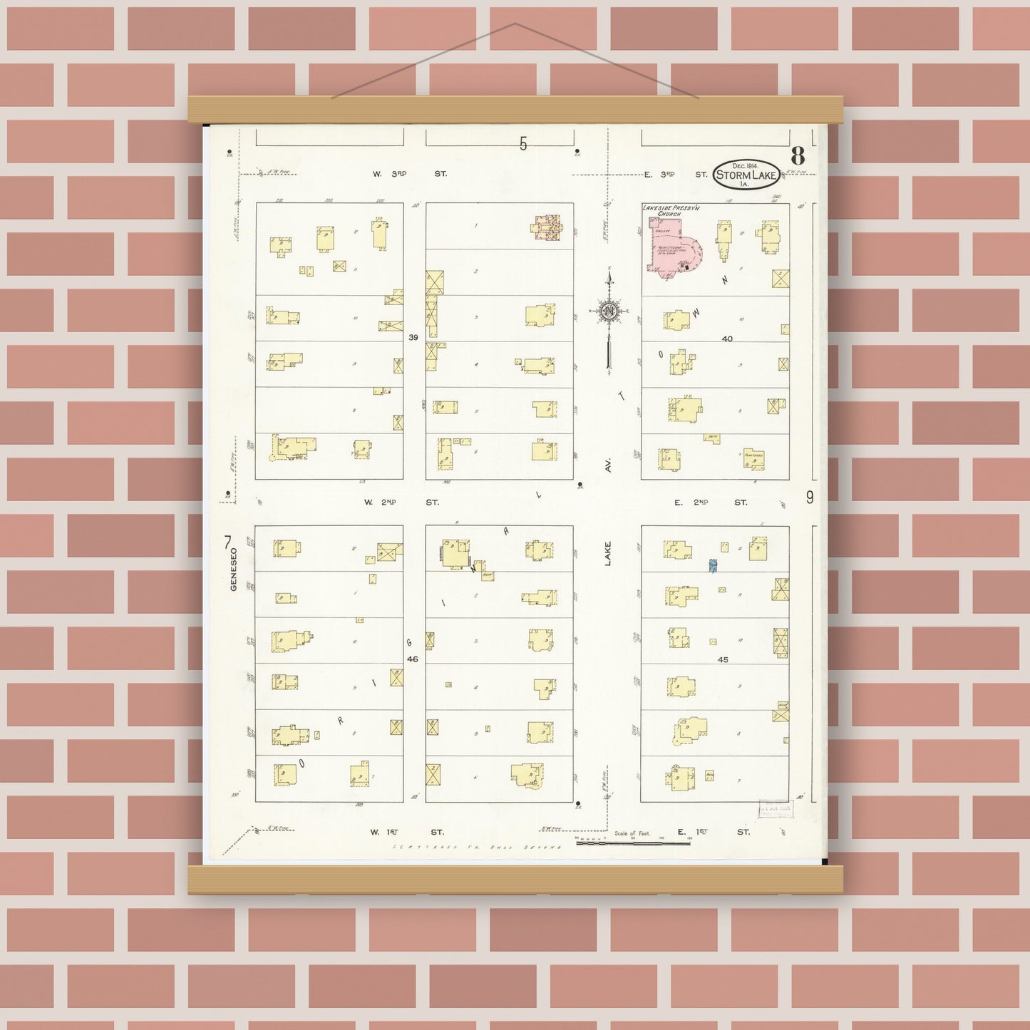 Old map wall art mockup — magnetic wood frame on brick wall — Sanborn Fire Insurance Map from Storm Lake, Buena Vista County, Iowa (1914), Sheet #0008