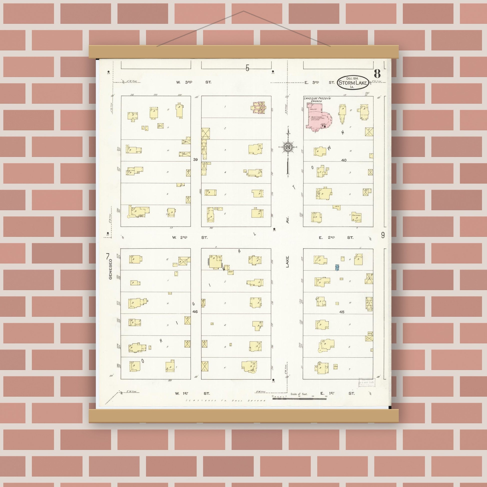 Old map wall art mockup — magnetic wood frame on brick wall — Sanborn Fire Insurance Map from Storm Lake, Buena Vista County, Iowa (1914), Sheet #0008