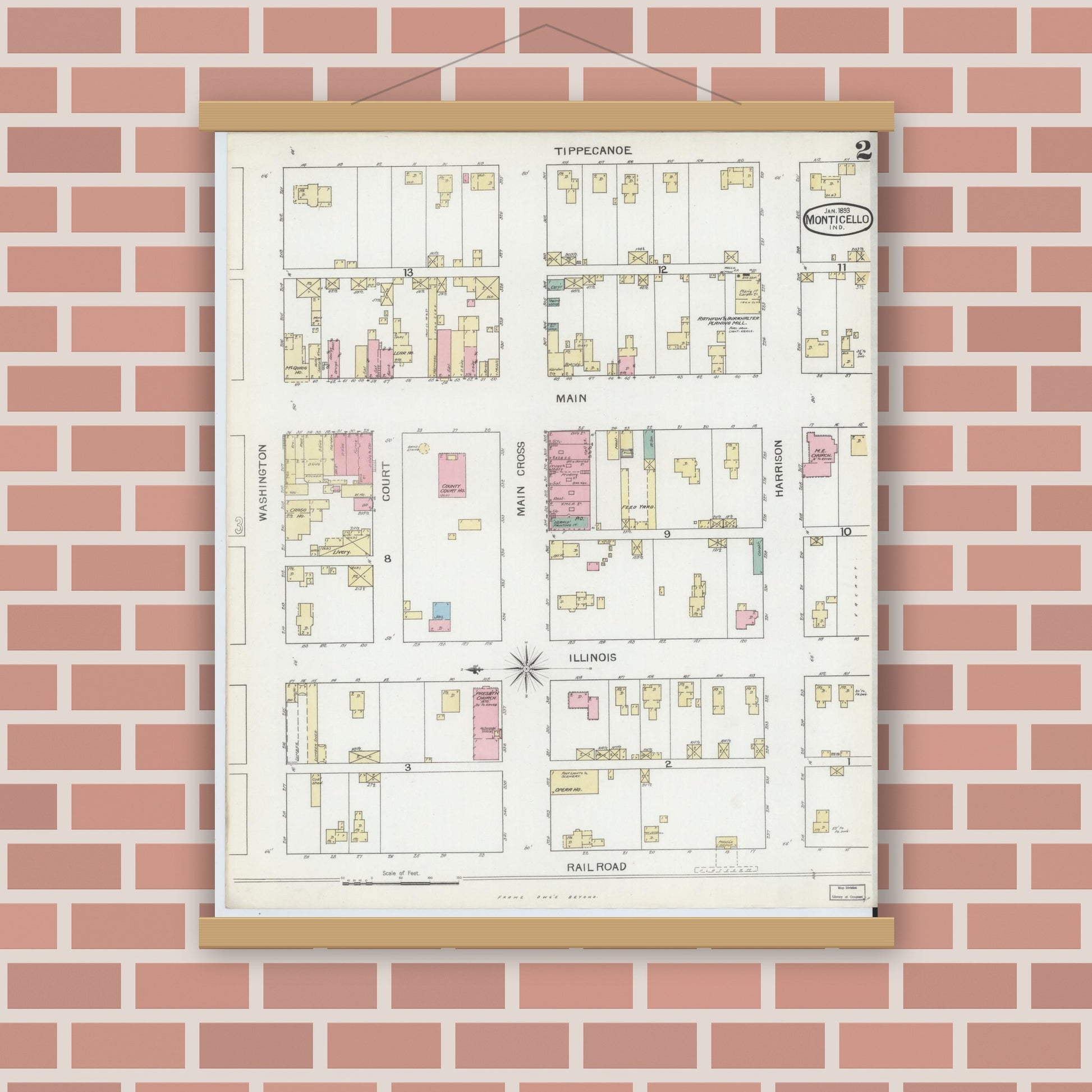 Old map wall art mockup — magnetic wood frame on brick wall — Sanborn Fire Insurance Map from Monticello, White County, Indiana (1893), Sheet #0002